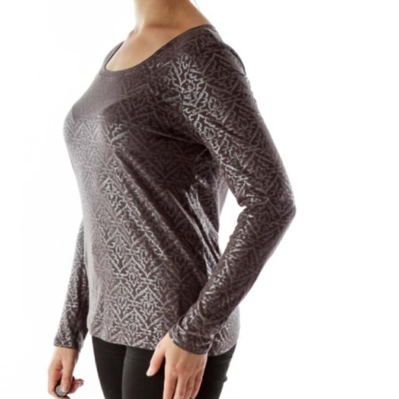 LOFT Brown Silver Metallic Print T-shirt - Picture 2 of 3